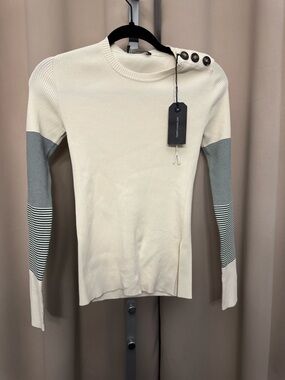 CEDRIC CHARLIER Button-Shoulder Cream Knit Top with Striped Sleeves